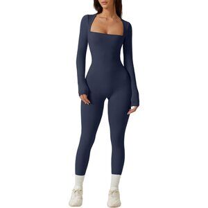 Women Navy Blue Sexy Neck Long Sleeve Full Length Legging Bodycon Jumpsuit